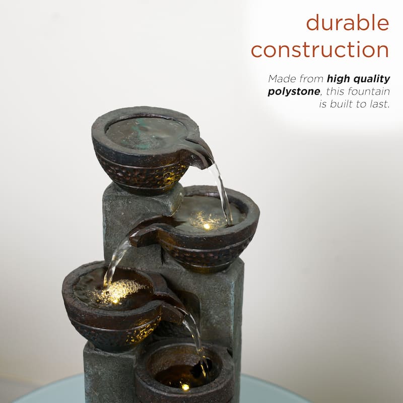 Alpine Corporation TZL412 14" Stoned Jar Cascading Water Fountain with LED Lights for Home, Office, and Desk Decor, Grey