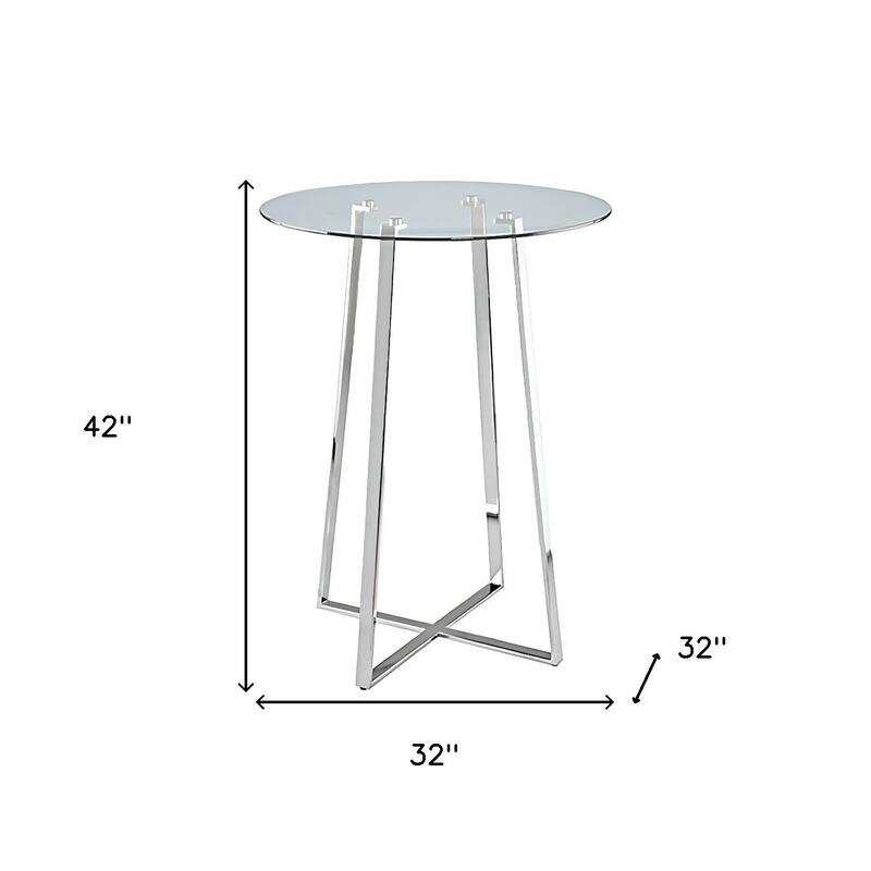 HomeRoots 32" Clear and Silver Rounded Glass and Iron Bar Table - 32 in. x 42 in. x 32 in.