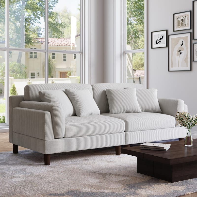 90.2"W Corduroy Upholstered 2 Seater Living Room Sofa - Beige-4Pillows