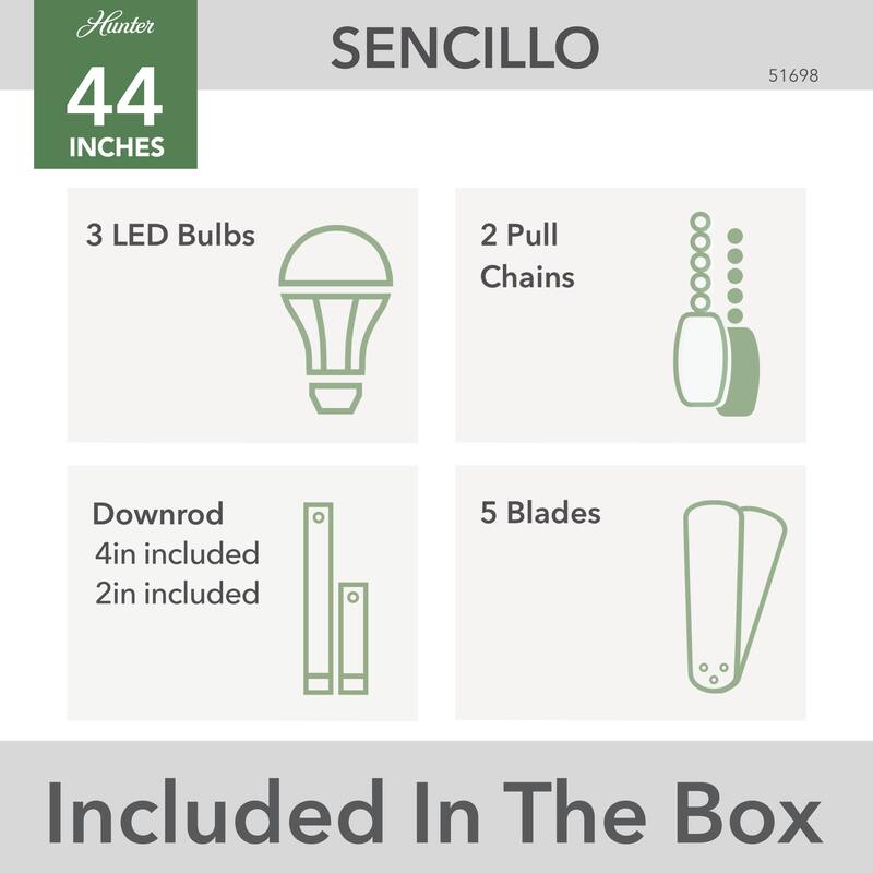 Hunter 44" Sencillo Ceiling Fan with LED Light Kit and Pull Chain