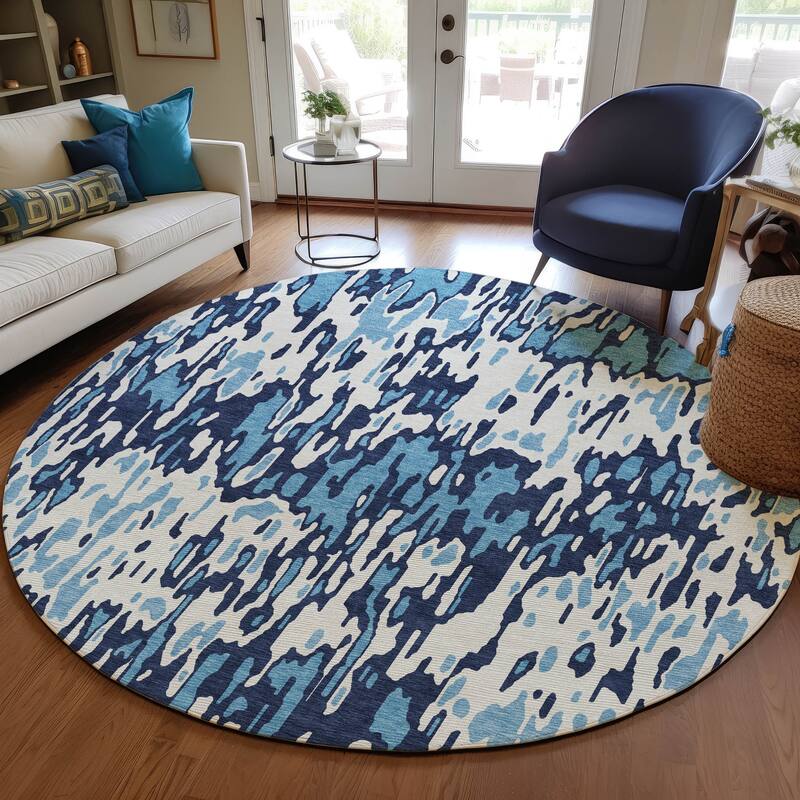 Machine Washable Indoor/ Outdoor Modern Watercolor Chantille Rug - Blue - 8' x 8'