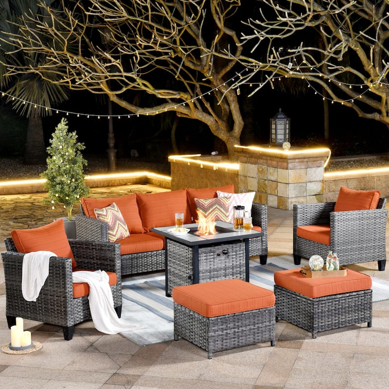 OVIOS 6-piece Patio Outdoor Wicker Conversation Set With 30" Fire Pit - Red/Orange
