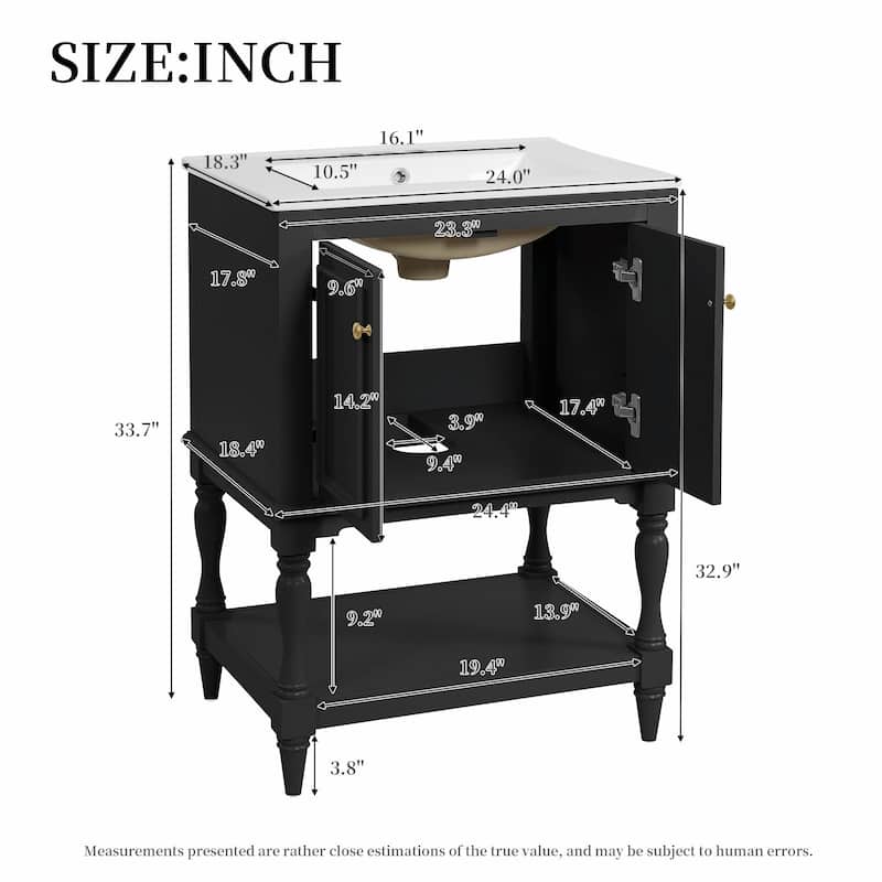 24" Modern Luxury Bathroom Vanity with Ceramic Sink, Freestanding Cabinet with Open Shelf and Enclosed Storage