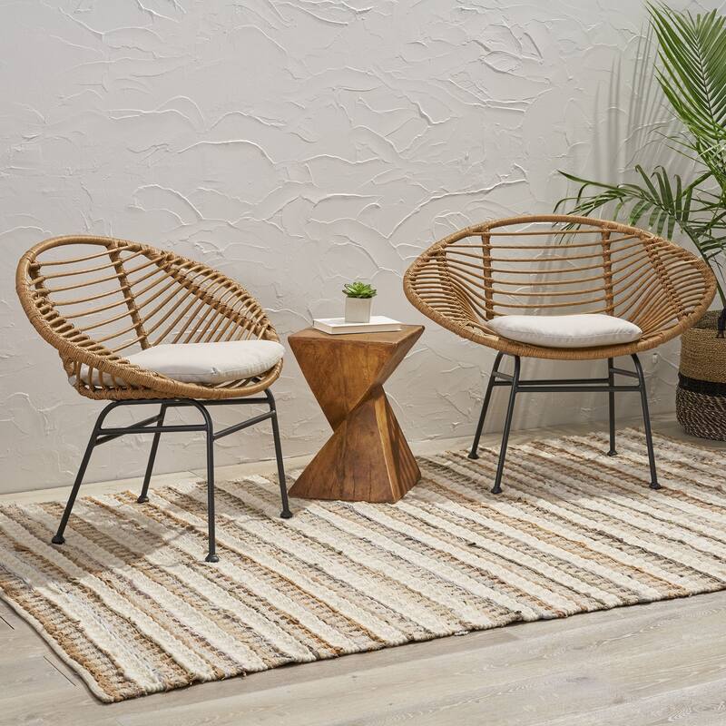 San Antonio Indoor Woven Faux Rattan Chairs with Cushions (Set of 2) by Christopher Knight Home - Light Brown, Beige Finish