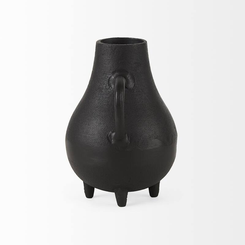 Black Ceramic Matte Oval Jug Vase with Three Legs, Handmade Distressed Rustic Design