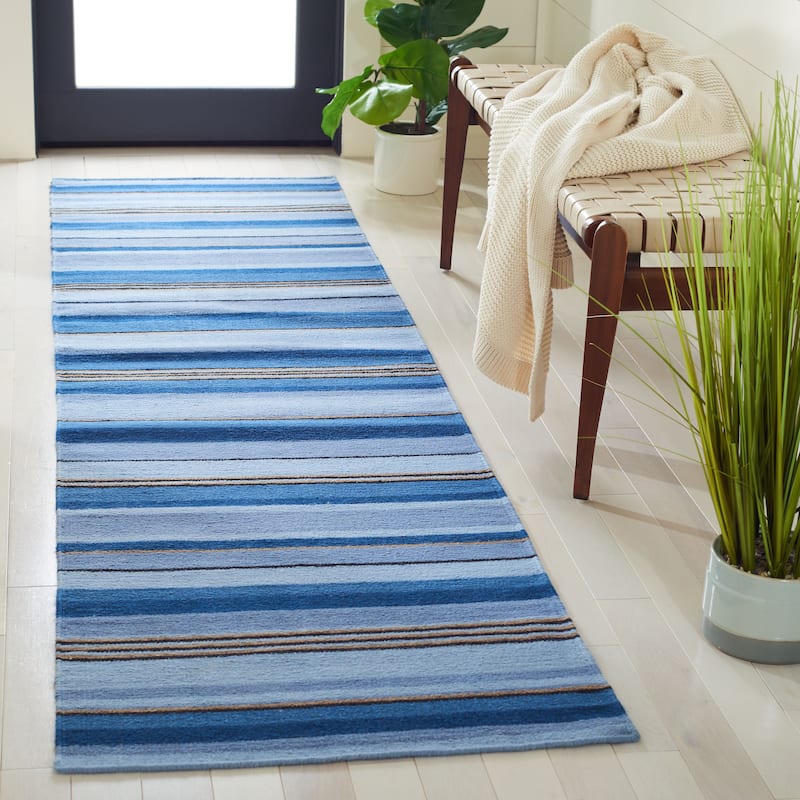 SAFAVIEH Handmade Striped Kilim Torrie Casual Wool Rug - 2'3" x 9' Runner - Blue/Rust