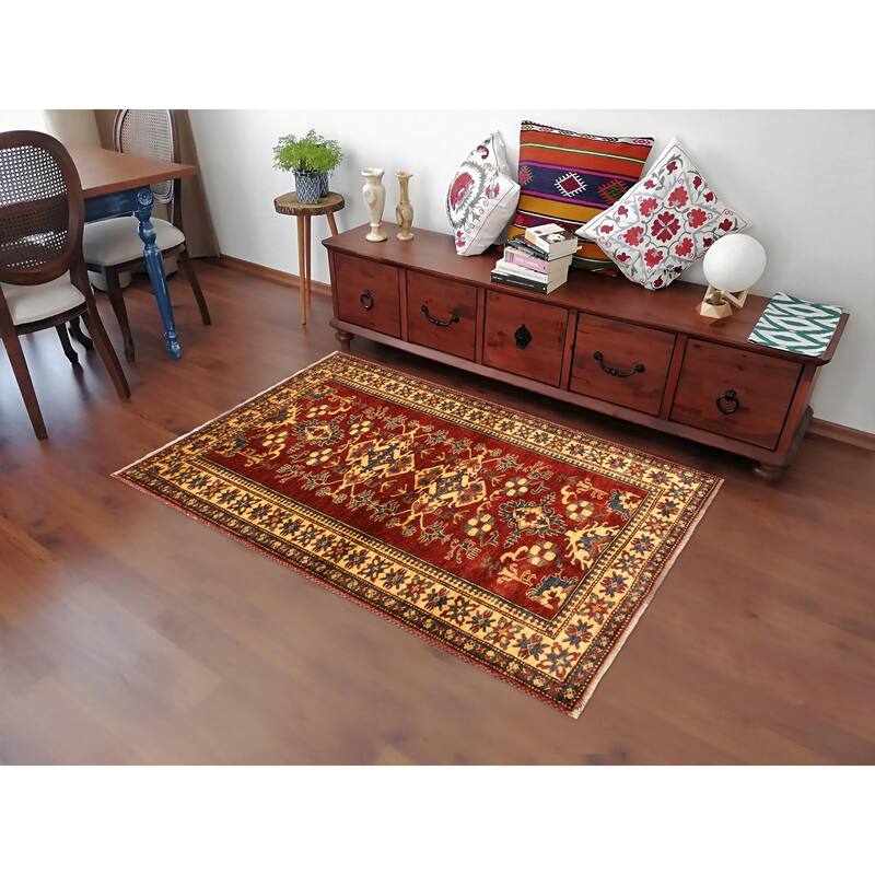 Rustic Super Kazak Zephyr Red/Gold Hand Knotted Wool Rug - 4'0'' x 5'7''