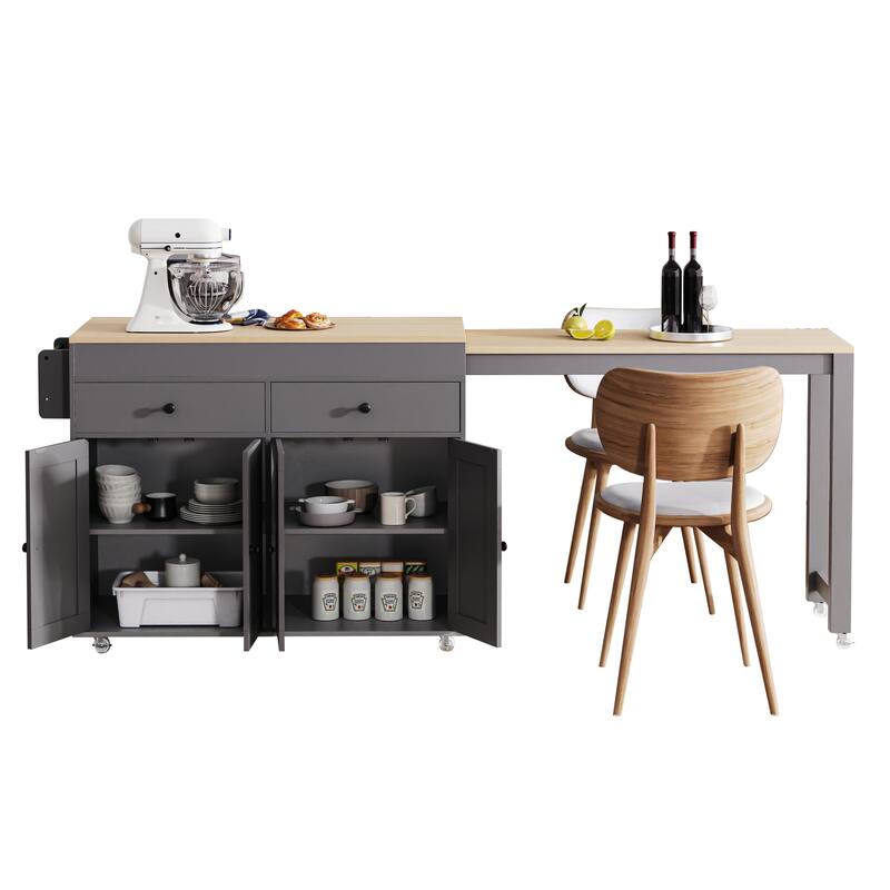 44'' Kitchen Island with Extendable Dining Table, Rolling Wheels, Spice Rack and 2 Drawers - 44'' x 19.75'' x 36.25''