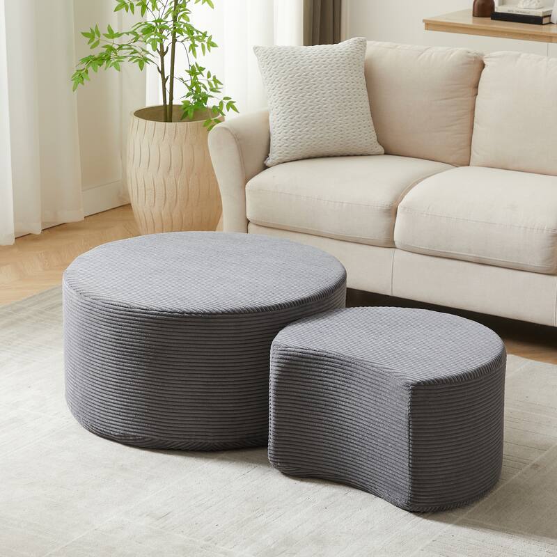 Nesting Tables Set of 2, Corduroy Upholstered Round Coffee Table and Crescent Moon Side Table Set of 2, End Tables Ottomans