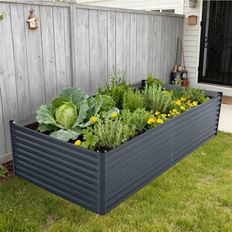 8 x 4 x 2 FT Galvanized Steel Raised Garden Bed Kit with Zipper-Door Greenhouse Cover Gray