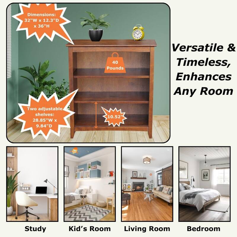 Shaker Solid Wood Bookcase, 36" High