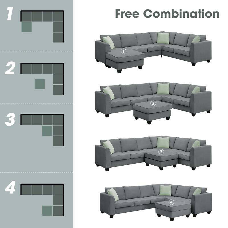 112-inch L-shaped 7-seat Modular Sectional Sofa with Ottoman and Three Pillows - 112"W x 87"D x 33"H