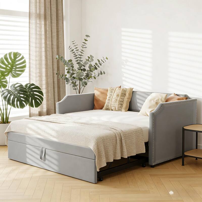 Extendable 2-in-1 Daybed Frame, Space-Saving Twin to King Design,Twin Size Velvet Upholstered Daybed with Pop Up Trundle