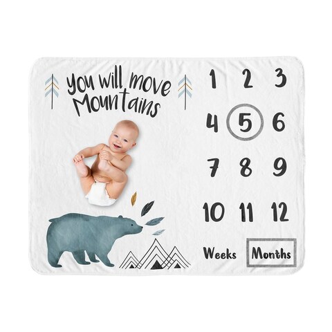 Bear Mountain Collection Boy Baby Monthly Milestone Blanket - Slate Blue and Black Woodland Forest You Will Move Mountains