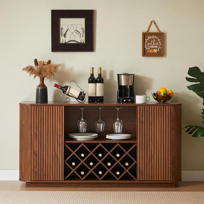 58" Wavy Curve Sideboard with Wine Rack & Glassware Holder, Adjustable Shelves, Multifunctional Storage Cabinet - Walnut