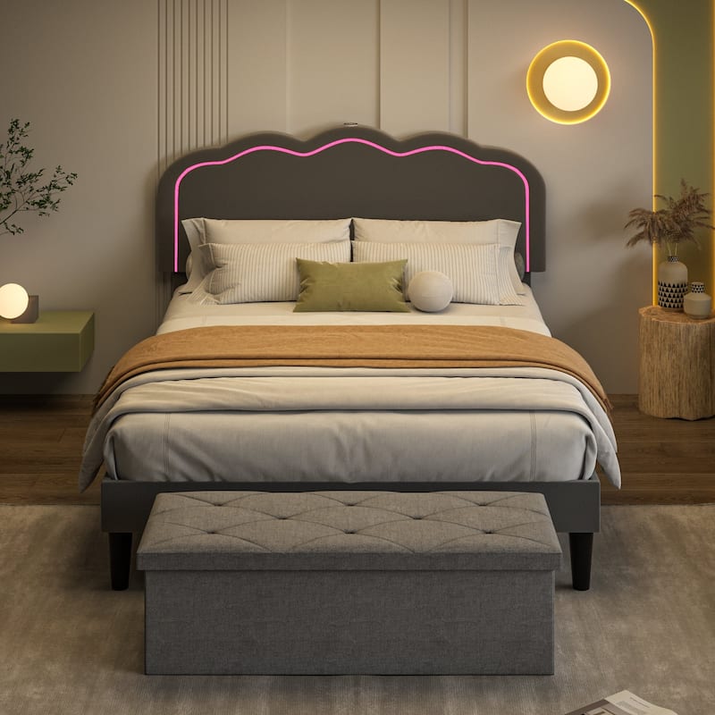 VECELO Upholstered Bed Frames with Headboard & LED Lights and Storage Ottoman (Set of 2),Bedroom Set