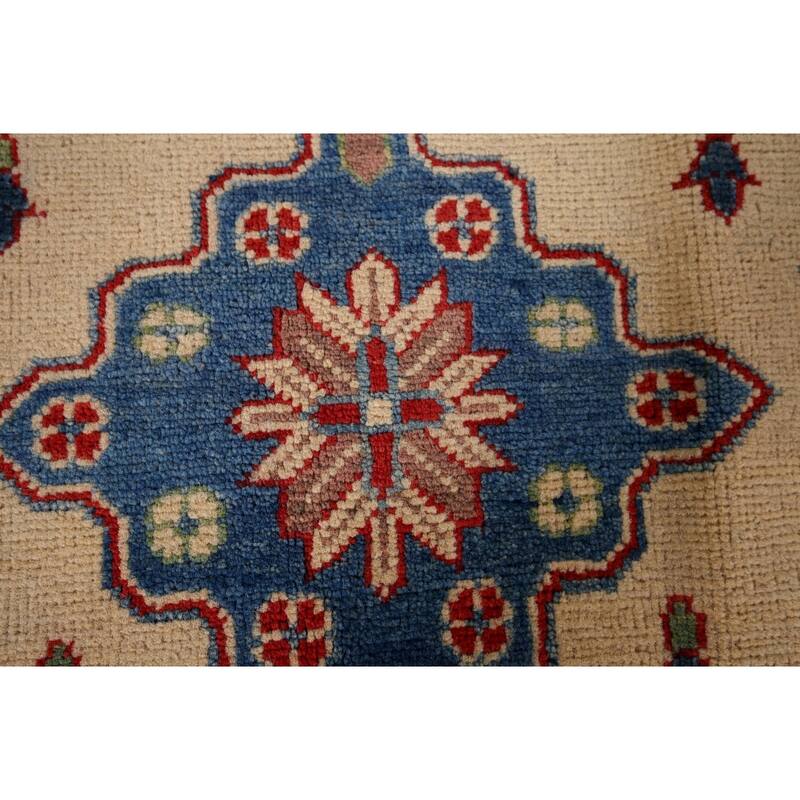 Kazak Accent Rug Handmade Geometric Beige Wool Carpet - 3'5" x 5'0"