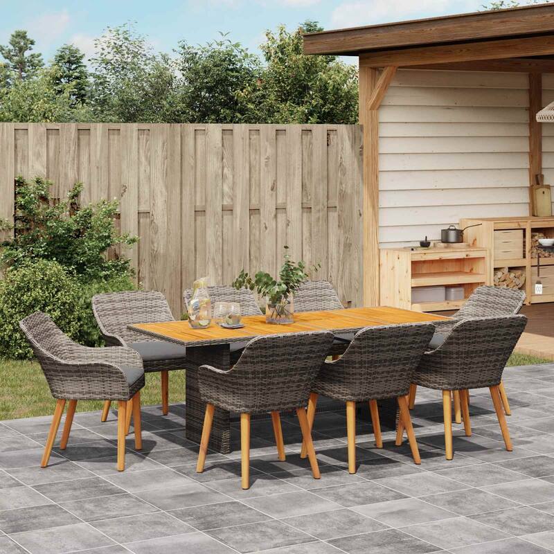 vidaXL Garden Dining Set with Cushion 9 pcs Grey Poly Rattan - 24.61 x 21.65 x 32.28 in