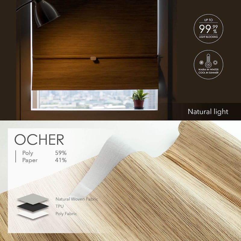 GoDear Design 99.99% Blackout Magnetic Roman Shades, No Drill Cordless Woven Fabric Blinds - 23", 37", 35", 46" W, Ocher
