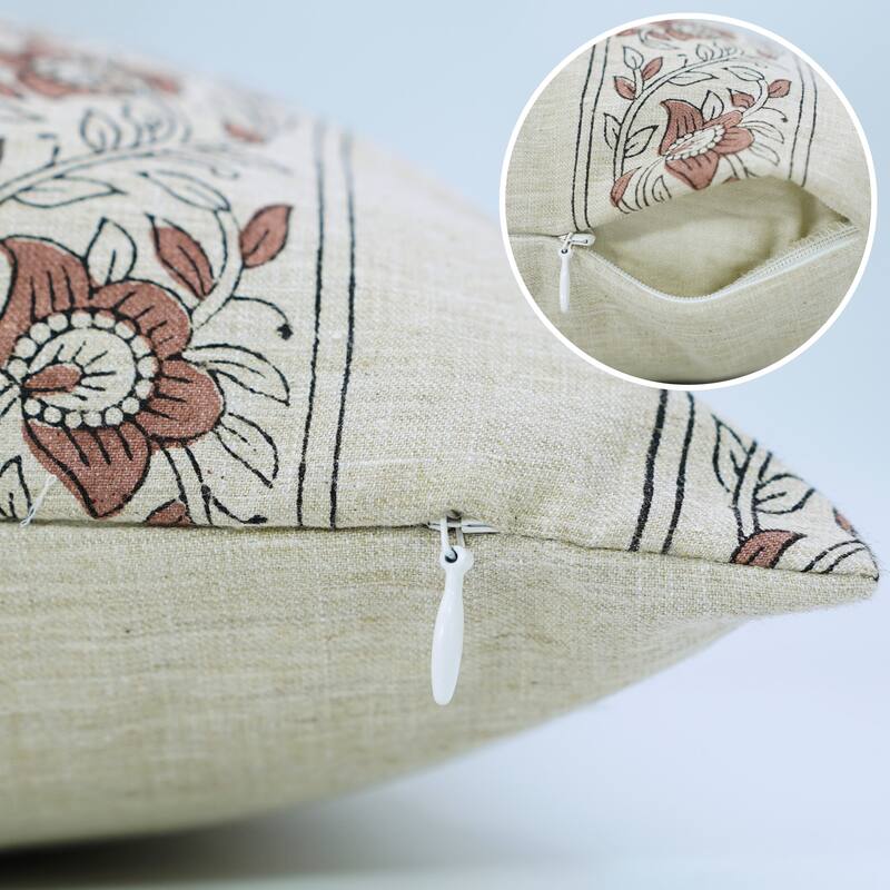 Fabdivine Brown Linen Blend 14x20 Inch Floral Cushion Cover for Chair, Sofa Bed Rectangle Farmhouse Pillowcase, Flower Buta