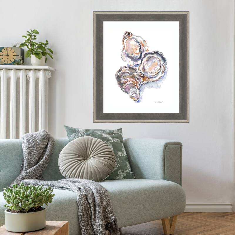 3 Oysters by Patricia Shaw Wood Framed Wall Art Print - Cottage Grey Silver