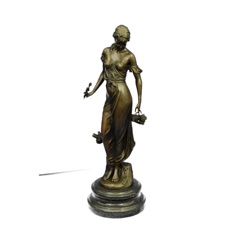 Signed Moreau Young Woman With A Long Stem Of Flower 100 Percent Solid Bronze Marble