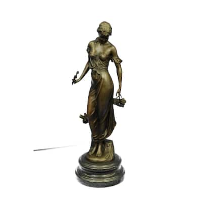 Signed Moreau Young Woman With A Long Stem Of Flower 100 Percent Solid Bronze Marble
