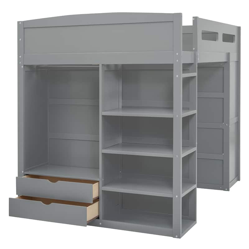 Full Size Solid Wood Loft Bed with Desk, Wardrobes, and Shelves