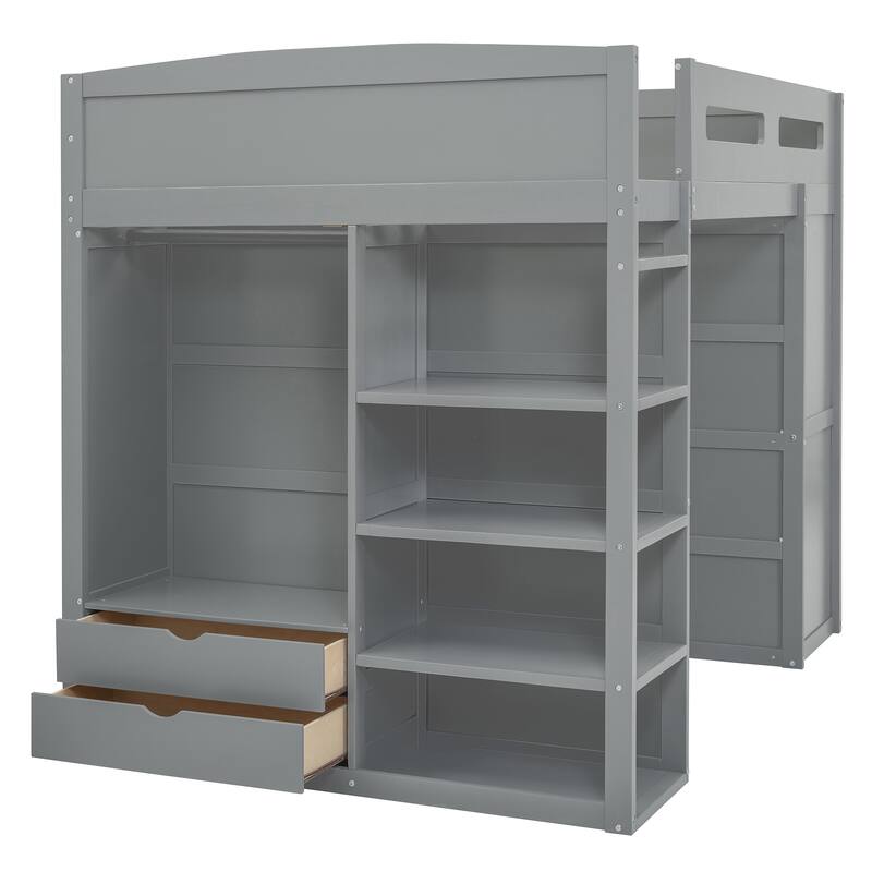 Gray Full Size Solid Wood Loft Bed with Desk, Wardrobes & Drawers