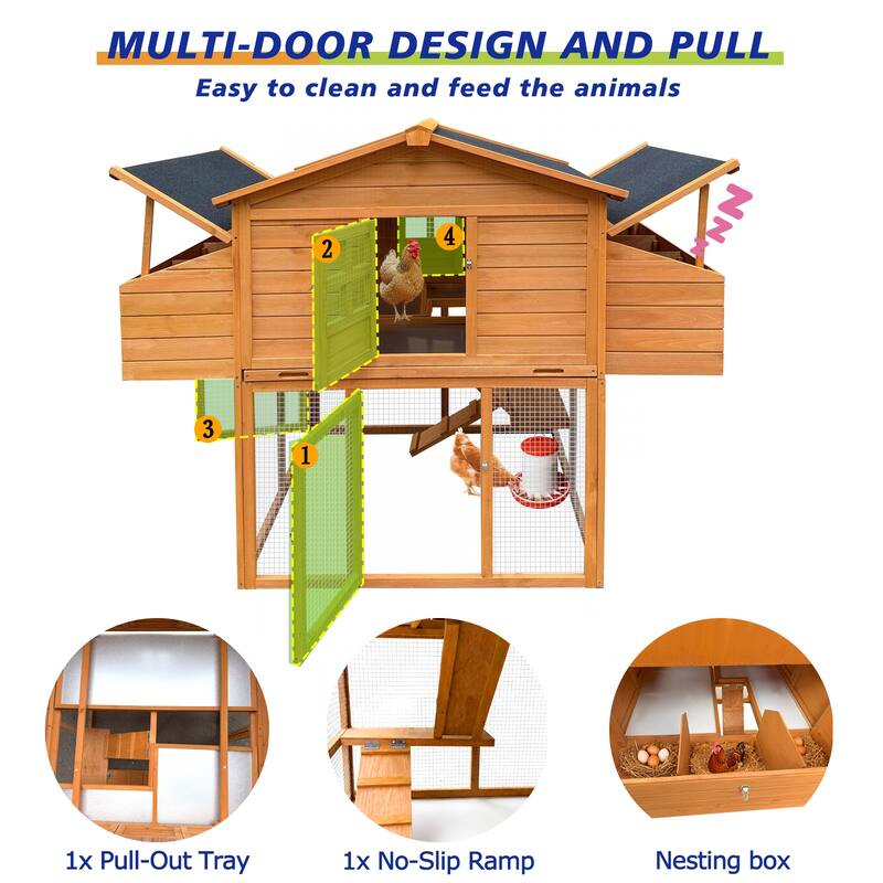Chicken House for Outdoor with Two Nesting Box, Leakproof Pull-on Tray, and UV-Resistant Roof Panel