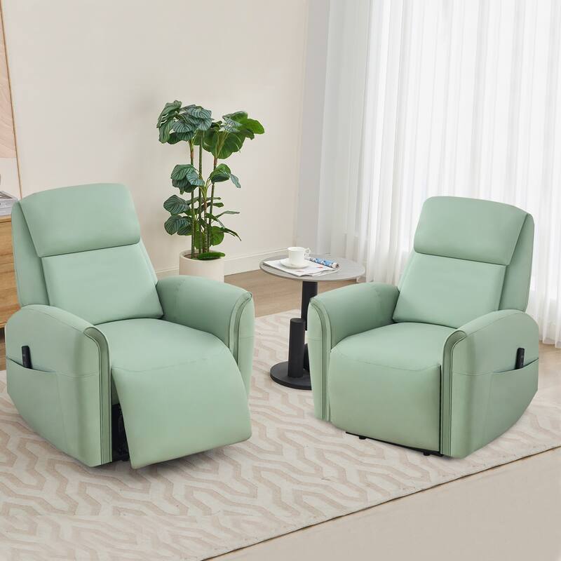 Oversized Faux Leather Massage Power Recliner with Two Pockets Set of 2 - Green