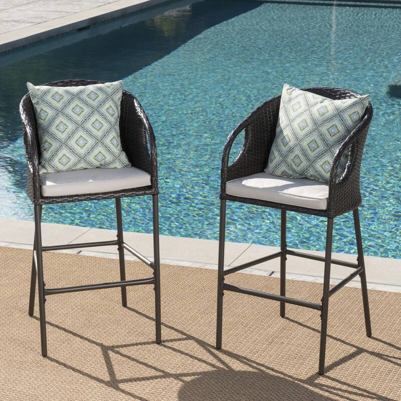 Outdoor 31" PE Rattan Barstools with Waterproof Cushions, Set of 2, Multibrown - Brown Multi