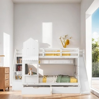 Full-Over-Full Bunk Bed with 2 Drawers, Castle Style Bed with 3 Storage Shelves, Storage Bed with Slide, White