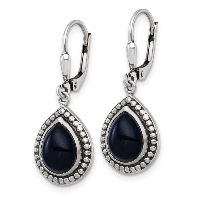 Curata 925 Sterling Silver Antiqued Beaded Onyx Teardrop Leverback Earrings - 33x13mm