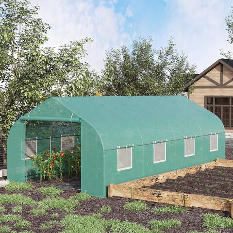 Outsunny 20' x 10' x 7' Tunnel Greenhouse Large Walk-In Warm House Deluxe High GardenHot House with 8 Roll Up Windows