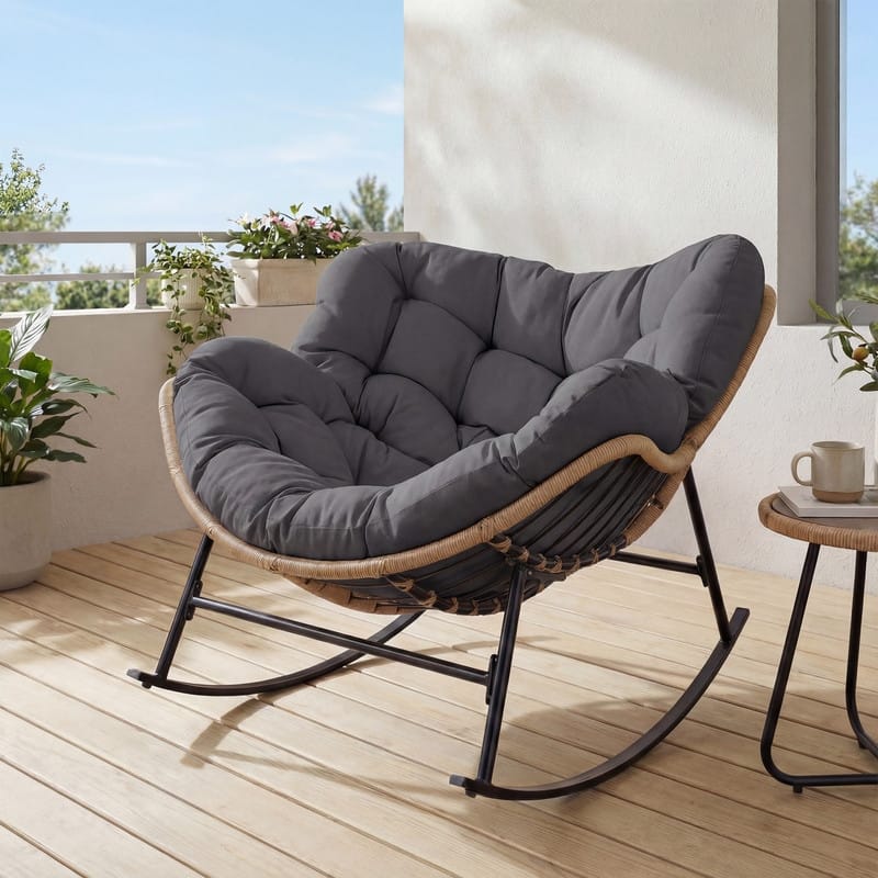 Oversized Indoor Outdoor Royal Papasan Rocking Chair, Patio Egg Rocker with Cushions, 450 lb Capacity - 1 PC-Grey
