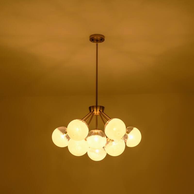 10-Light Modern Black/Gold Metal Sputnik Chandelier for Dining/Living Room with White Cluster Glass Globe Shade
