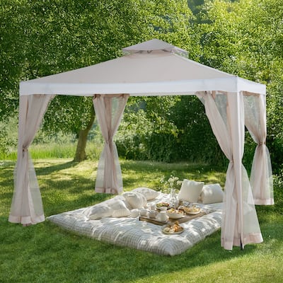 Sunjoy 10’ x 10’ Outdoor Patio Gazebo, Outdoor Backyard Modern 2-Tier Steel Frame Soft Top Gazebo with Mesh Netting