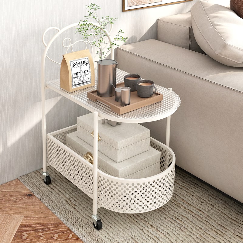 Gymax 2-Tier Mobile Glass Coffee Table w/ Bear Pattern Storage Basket
