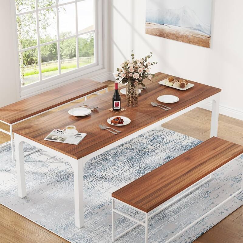 78.7" Rectangular Dining Table, Wood Kitchen Table for Home, Restaurant, Cafe, Office, Apartment, Bakery - Brown+White