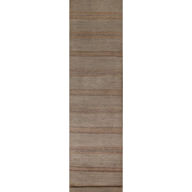 Hand Knotted Oriental 100% Wool Carpet Modern Stripe Greys & Charcoal Modern Runner Rug - 13' 3'' X 2' 7''