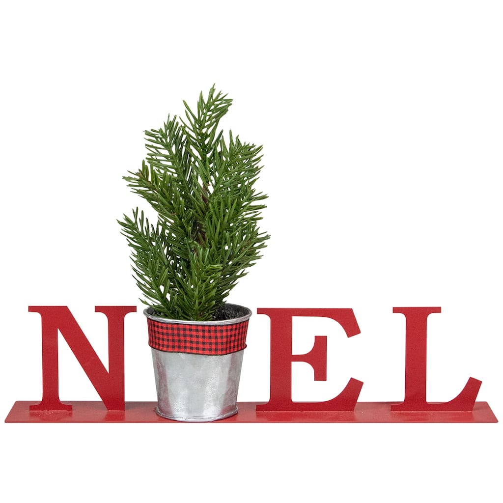13" Red "NOEL" Potted Faux Pine Metal Planter Christmas Plaque