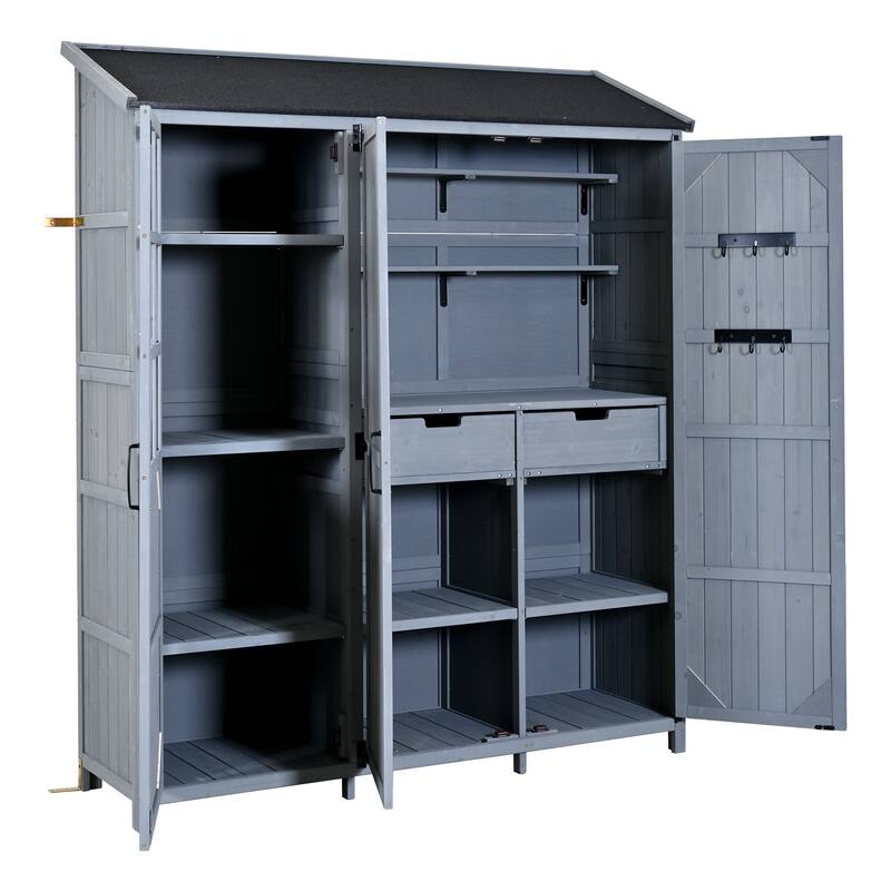 72" Large Patio Garden Shed with Waterproof Roof, Outdoor Storage Cabinet with Workstation & Hooks