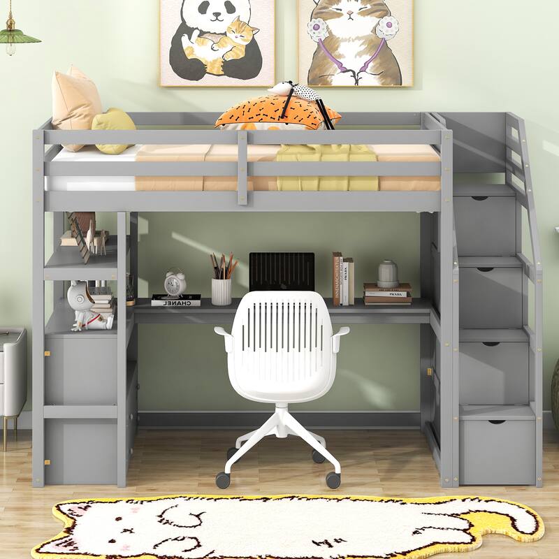 Stairway Loft Bed with L Shape Built-in Desk, Solid Wood High Loft Bedframe w/Shelves, Two Tier Drawers and Storage Staircase - Gray - Twin