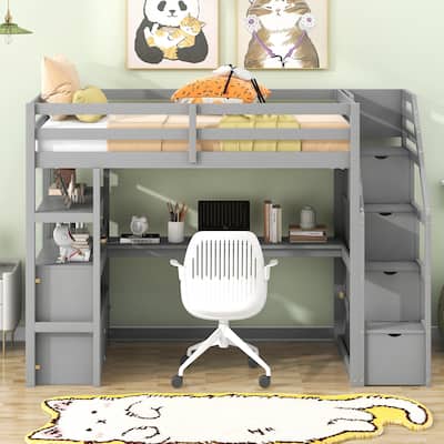 Twin Loft Bed with Desk, Storage, Drawers, and Staircase