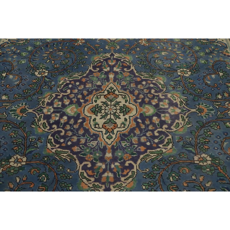 Hand Knotted Oriental 100% Wool Carpet Traditional Floral Navy Blue & Blues Tabriz Area Rug - 9' 4'' X 6' 9''