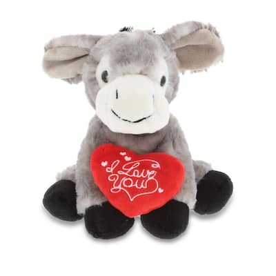 DolliBu I LOVE YOU Super Soft Plush Lying Grey Donkey Animal with Heart - 9 Inches