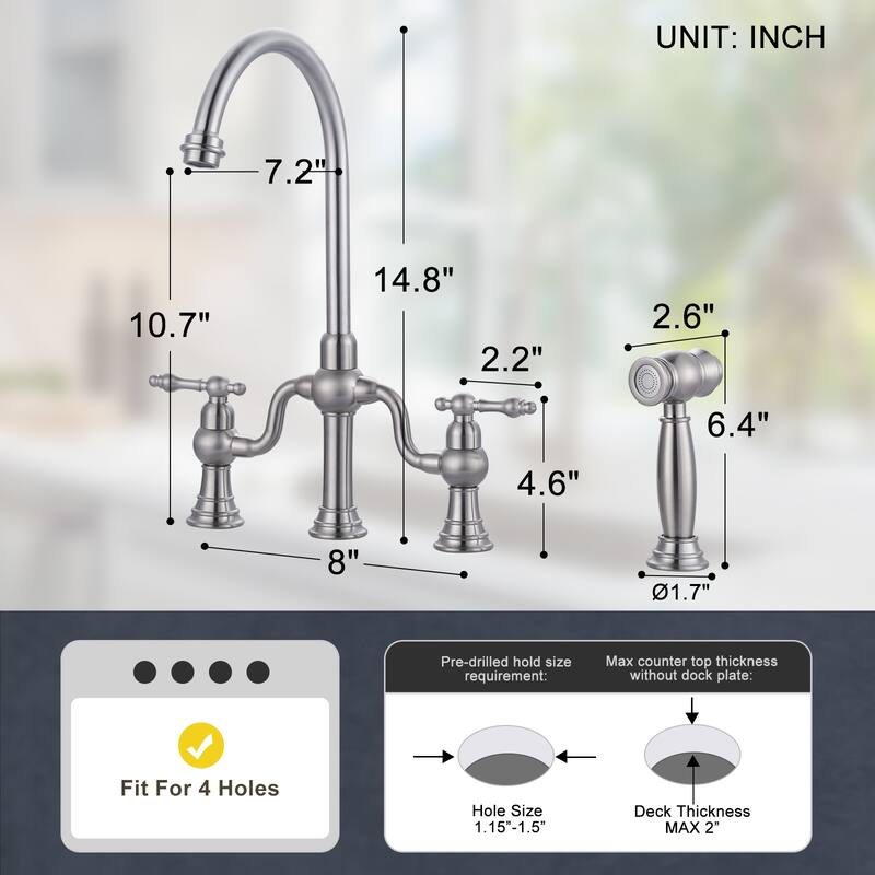 WOWOW Double Handle High Arc Bridge Kitchen Faucet with Side Sprayer