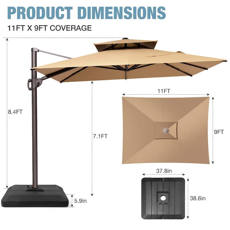 VredHom 9X11FT 360 Degree Rotation Patio Cantilever Umbrella with Base