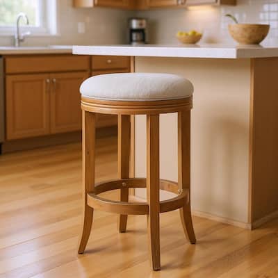 HomeRoots 26" Sand and Natural Fabric and Solid Wood Backless Counter Height Swivel Bar Chair